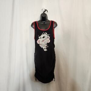 NO BOUNDARIES Black Red Dragon Cinched Ruched Bodycon Knee Length Dress Junior L